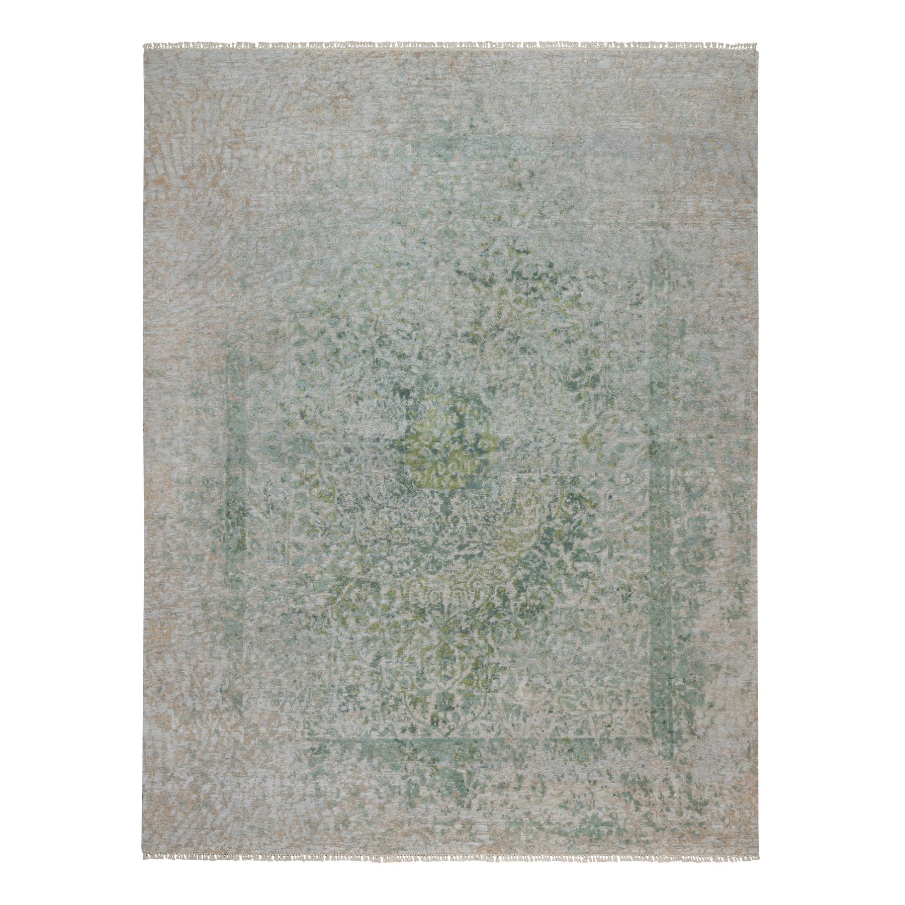 7'9"x10'1" Silver with Green, Broken and Erased Persian Design, Hand Knotted, Wool and Pure Silk, Oriental Rug 